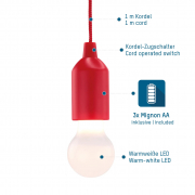 Pendelleuchte mit Batterie, 25 lm, rot