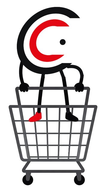 Coini steht in einem leeren Einkaufswagen